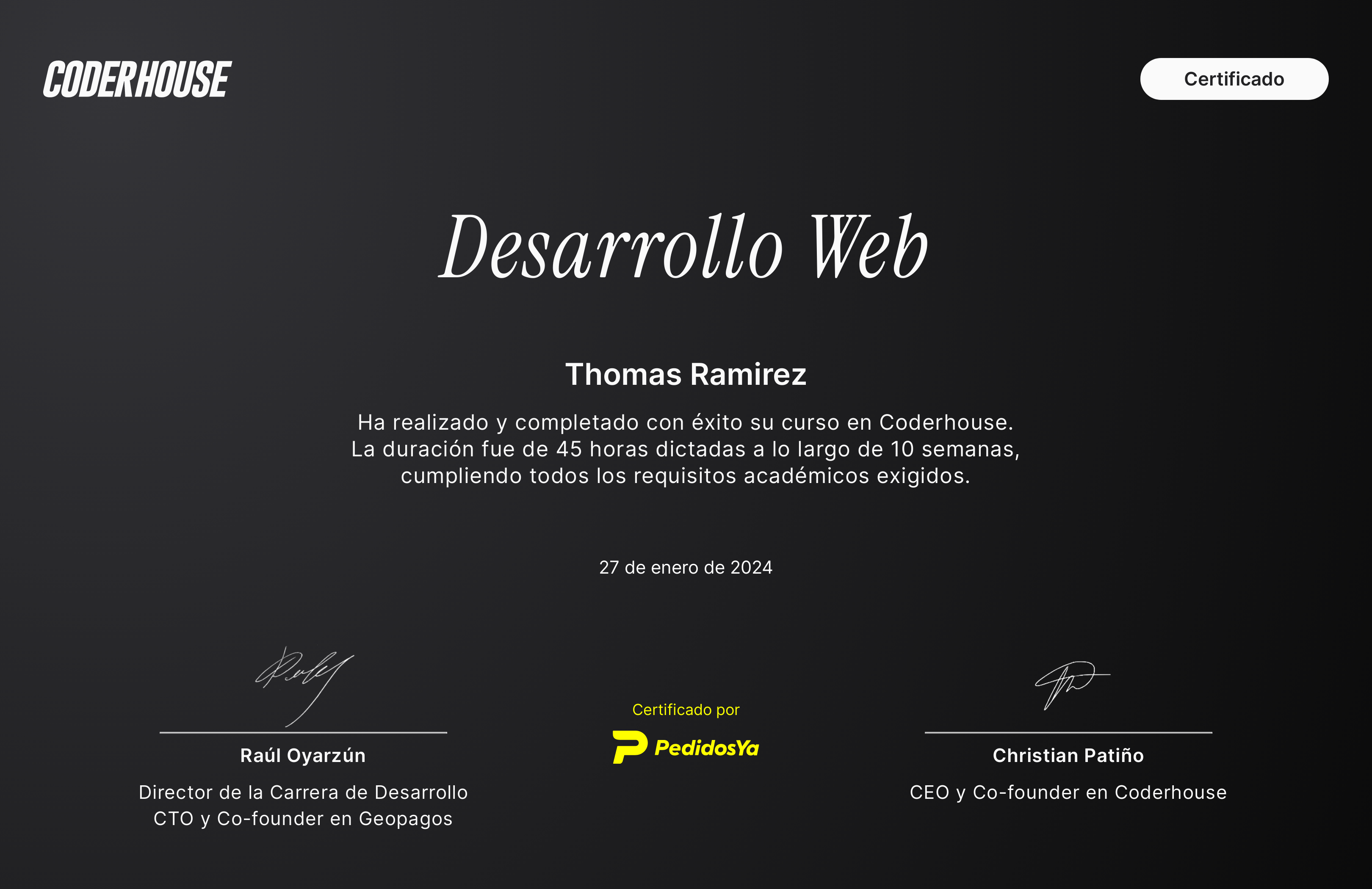 Certificado avalado por Coderhouse