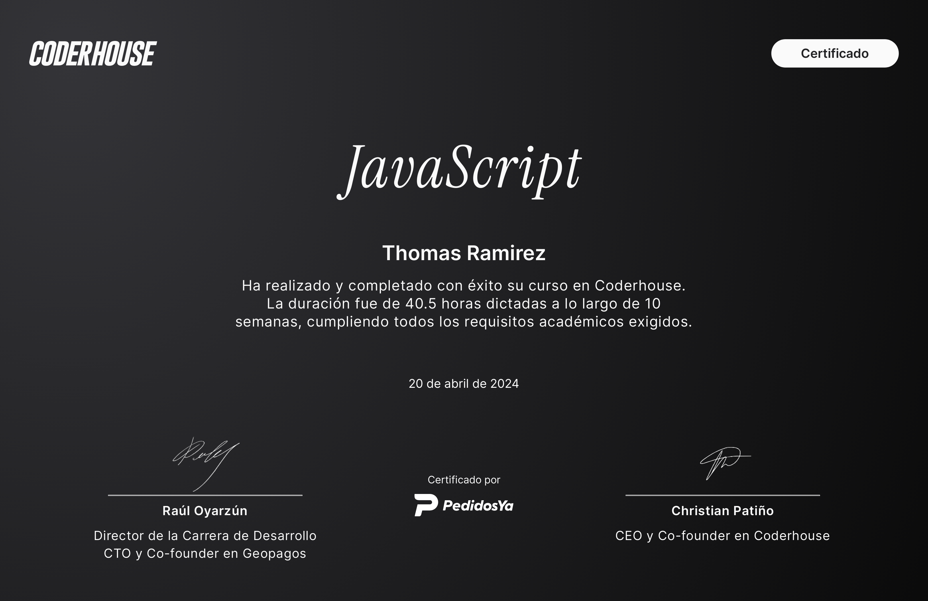 Certificado avalado por Coderhouse